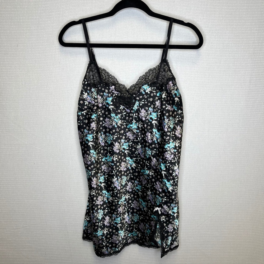 Victorias Secret Black Floral Satin Camisole Lace Trim V-Neck Lingerie Top Large